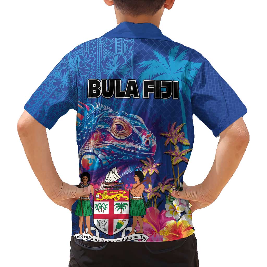 Fiji Bula Family Matching Short Sleeve Bodycon Dress and Hawaiian Shirt Tropical Plants with Palm Tree and Iguana Colorful