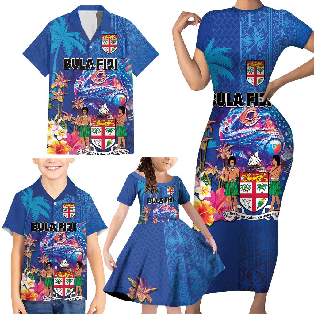 Fiji Bula Family Matching Short Sleeve Bodycon Dress and Hawaiian Shirt Tropical Plants with Palm Tree and Iguana Colorful