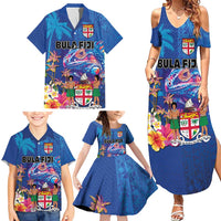 Fiji Bula Family Matching Summer Maxi Dress and Hawaiian Shirt Tropical Plants with Palm Tree and Iguana Colorful