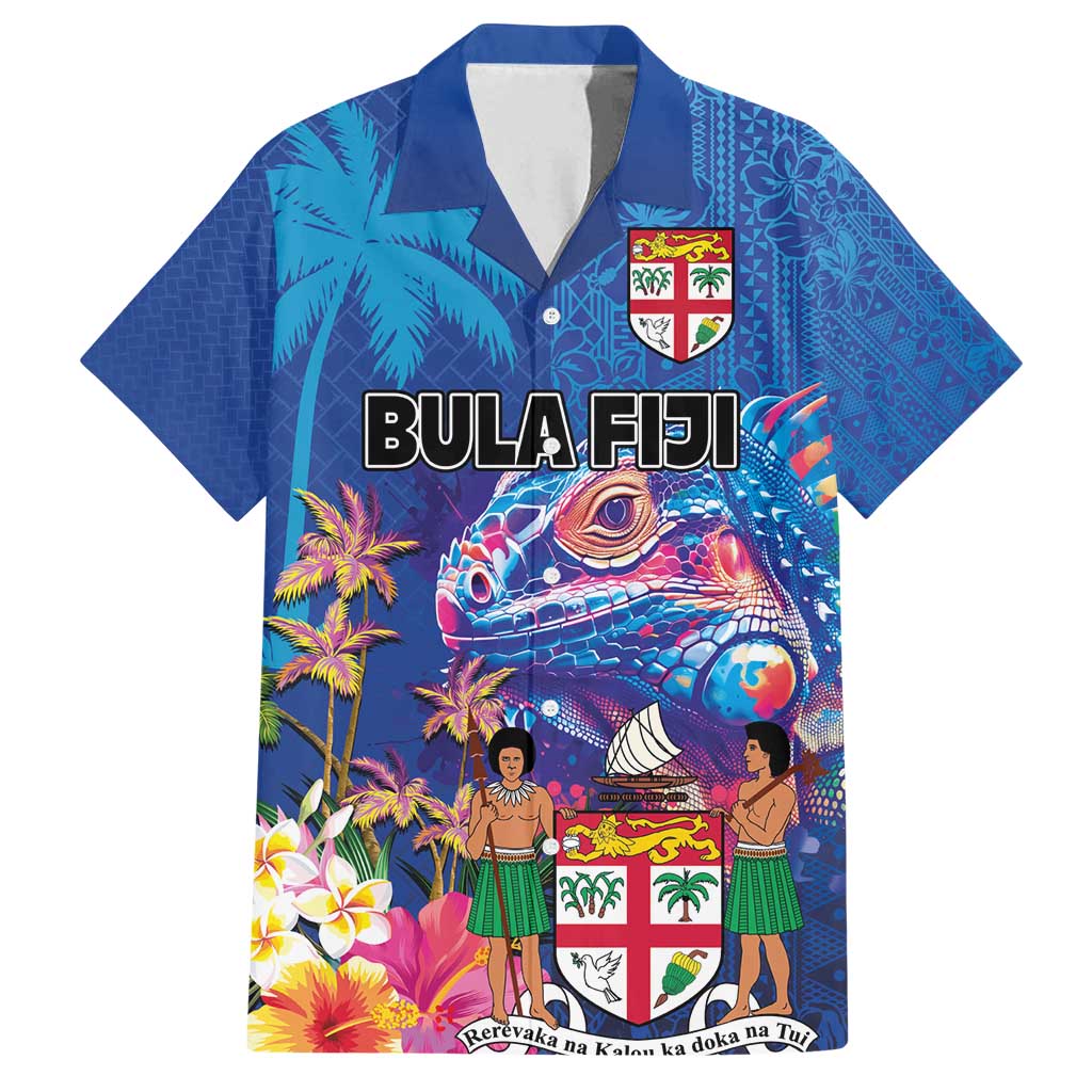 Fiji Bula Family Matching Summer Maxi Dress and Hawaiian Shirt Tropical Plants with Palm Tree and Iguana Colorful