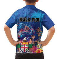 Fiji Bula Family Matching Tank Maxi Dress and Hawaiian Shirt Tropical Plants with Palm Tree and Iguana Colorful