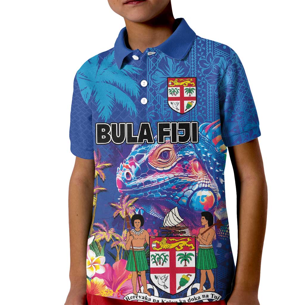 Fiji Bula Kid Polo Shirt Tropical Plants with Palm Tree and Iguana Colorful