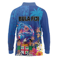 Fiji Bula Long Sleeve Polo Shirt Tropical Plants with Palm Tree and Iguana Colorful
