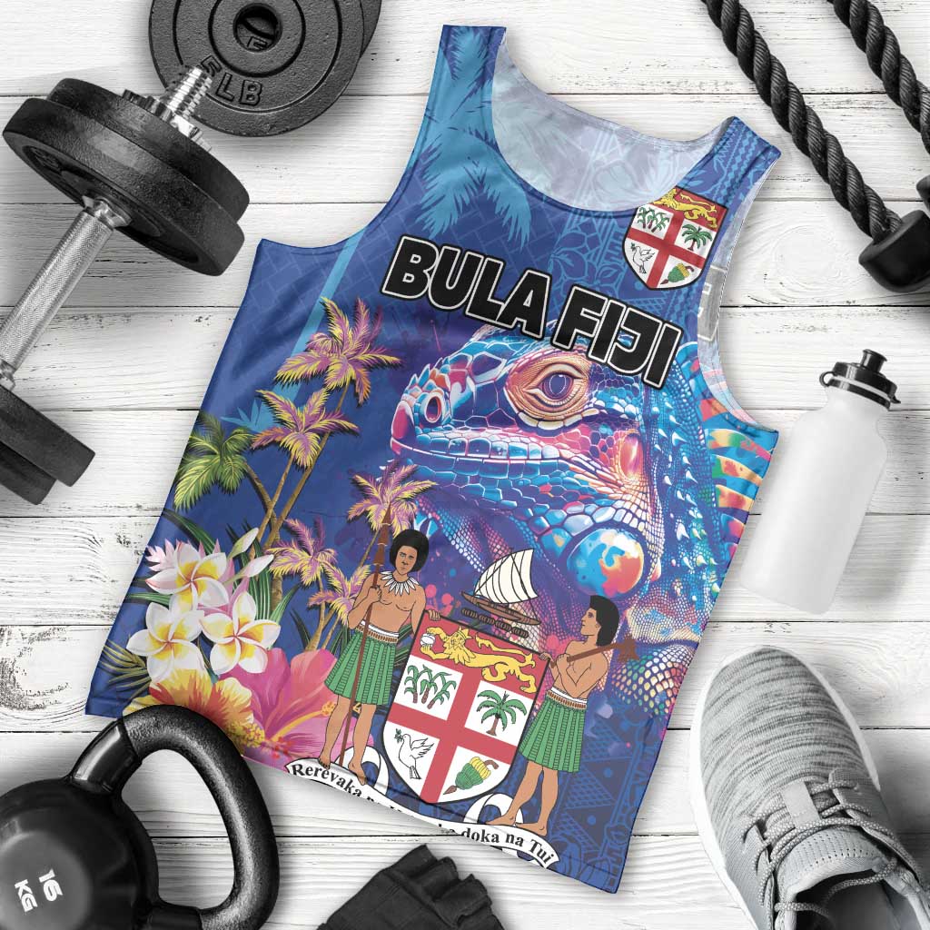 Fiji Bula Men Tank Top Tropical Plants with Palm Tree and Iguana Colorful