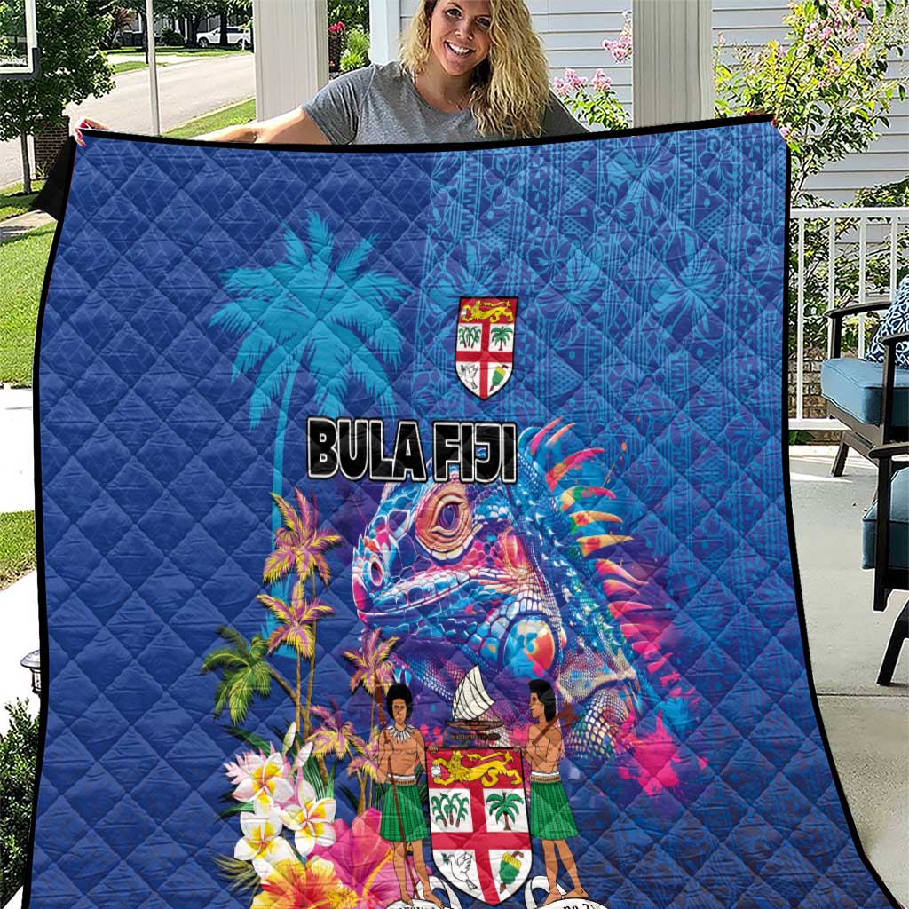 Fiji Bula Quilt Tropical Plants with Palm Tree and Iguana Colorful