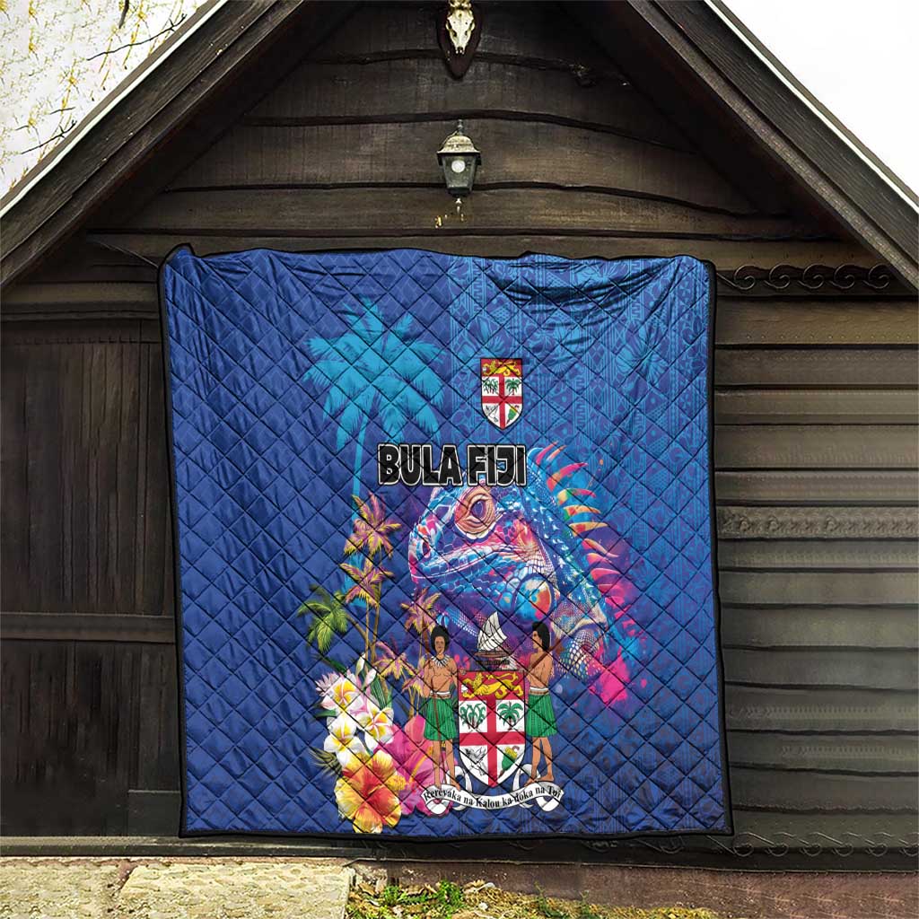 Fiji Bula Quilt Tropical Plants with Palm Tree and Iguana Colorful
