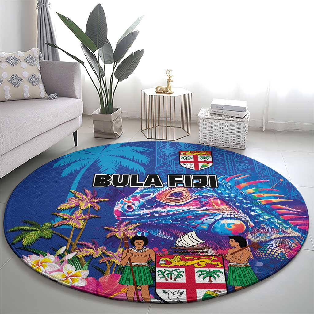 Fiji Bula Round Carpet Tropical Plants with Palm Tree and Iguana Colorful