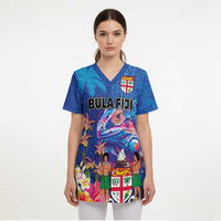 Fiji Bula Scrub Top Tropical Plants with Palm Tree and Iguana Colorful - Polynesian Pride