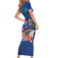 Fiji Bula Short Sleeve Bodycon Dress Tropical Plants with Palm Tree and Iguana Colorful