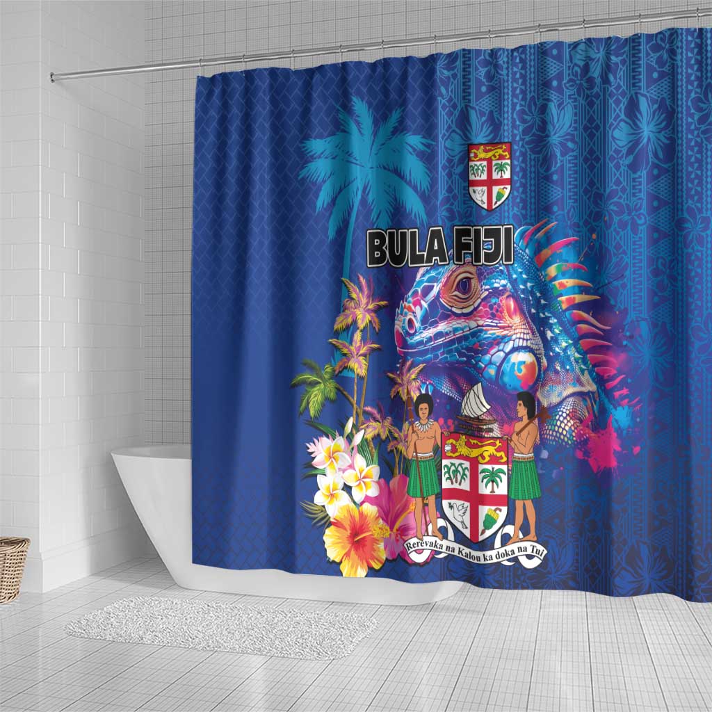 Fiji Bula Shower Curtain Tropical Plants with Palm Tree and Iguana Colorful