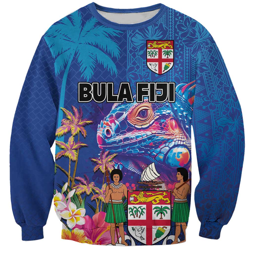 Fiji Bula Sweatshirt Tropical Plants with Palm Tree and Iguana Colorful