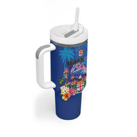 Fiji Bula Tumbler With Handle Tropical Plants with Palm Tree and Iguana Colorful