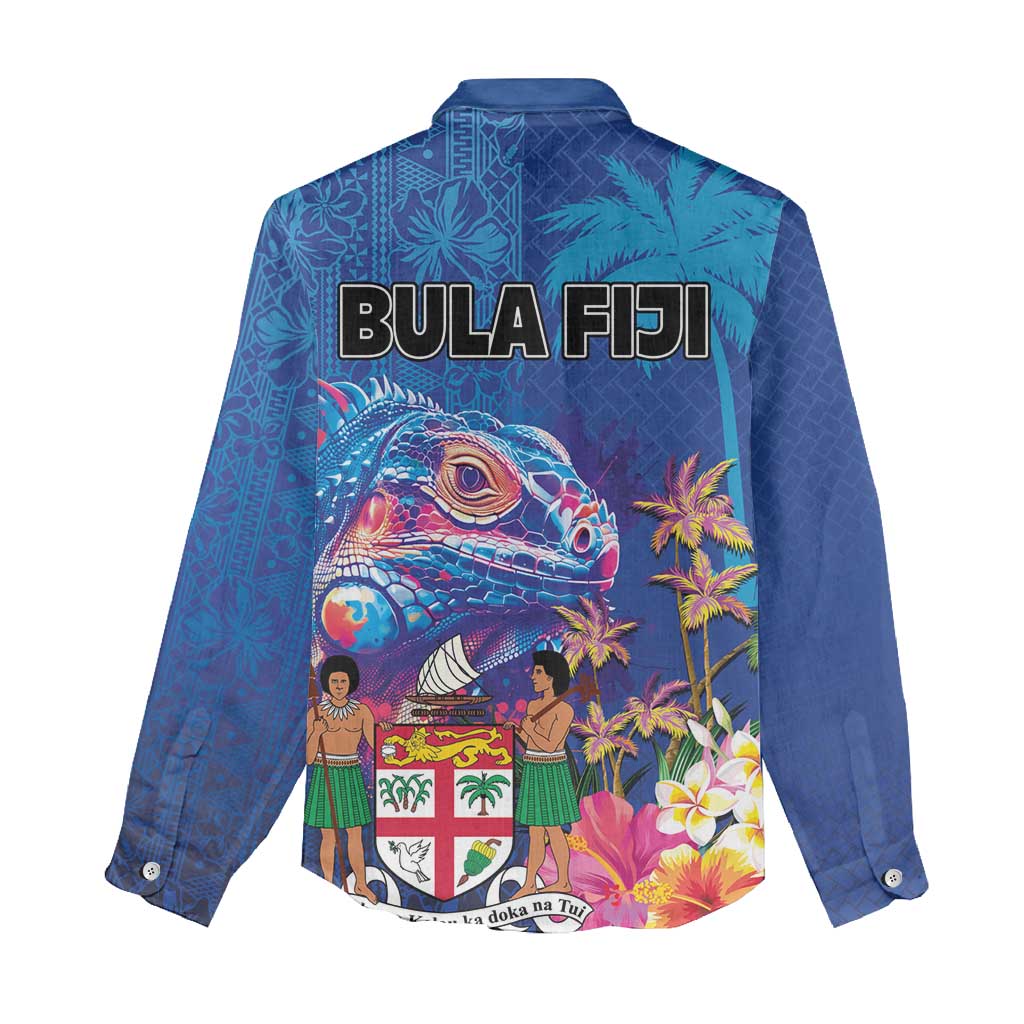 Fiji Bula Women Casual Shirt Tropical Plants with Palm Tree and Iguana Colorful