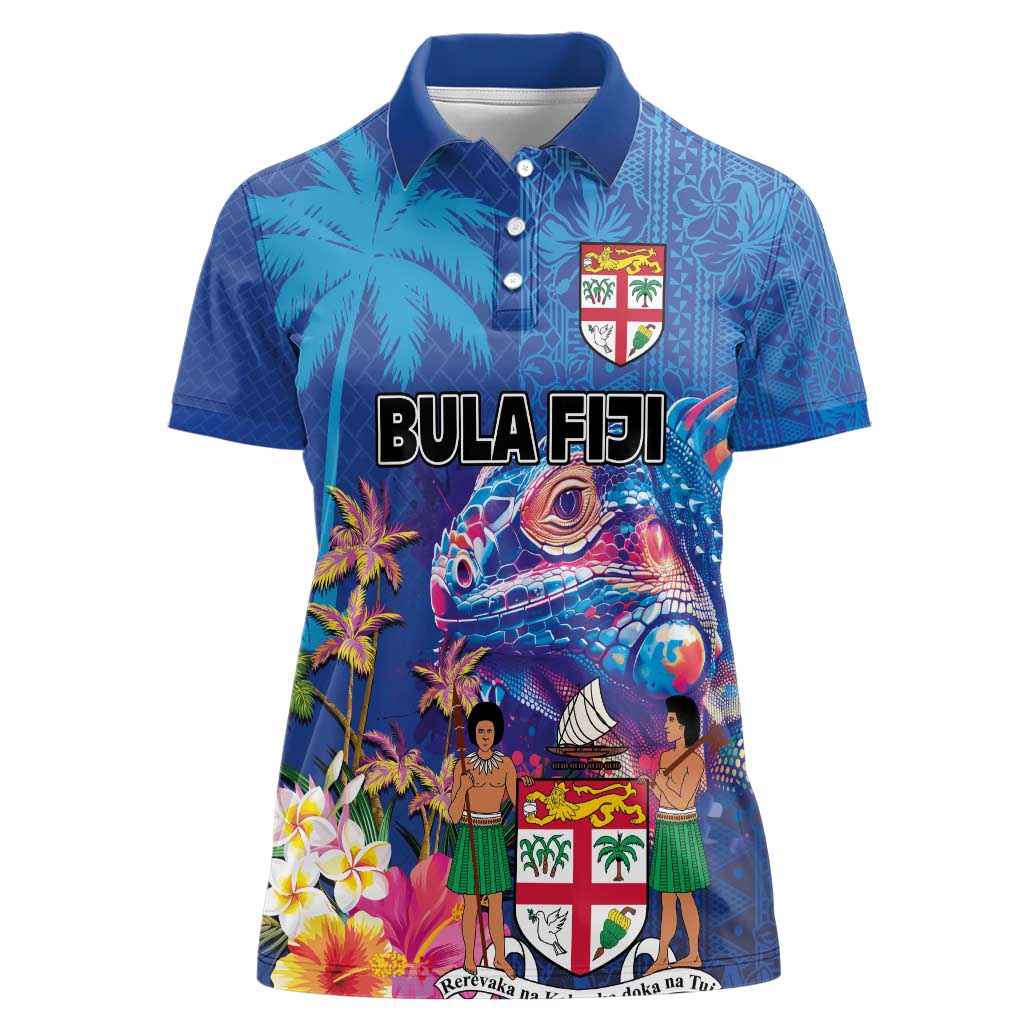 Fiji Bula Women Polo Shirt Tropical Plants with Palm Tree and Iguana Colorful