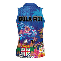 Fiji Bula Women Sleeveless Polo Shirt Tropical Plants with Palm Tree and Iguana Colorful