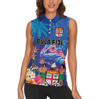 Fiji Bula Women Sleeveless Polo Shirt Tropical Plants with Palm Tree and Iguana Colorful