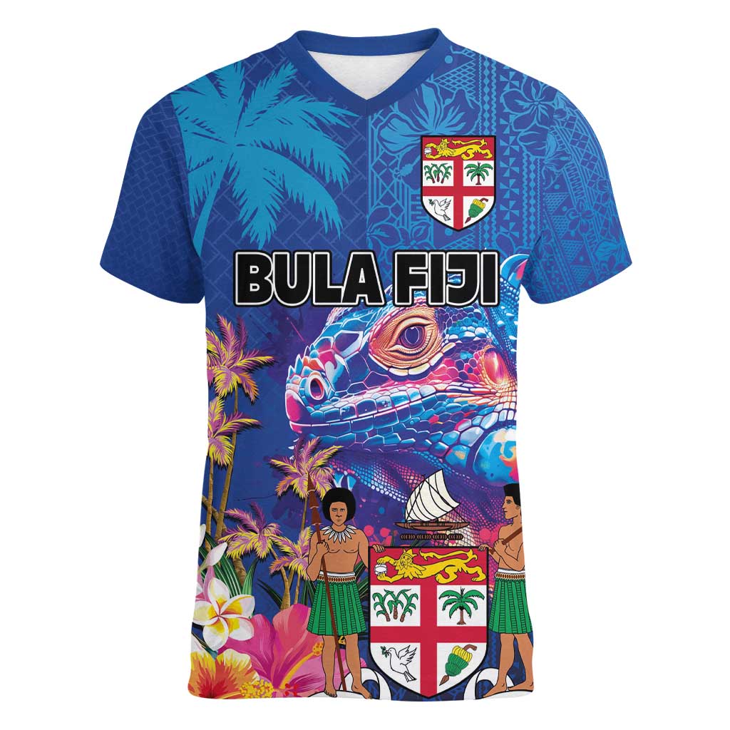 Fiji Bula Women V-Neck T-Shirt Tropical Plants with Palm Tree and Iguana Colorful