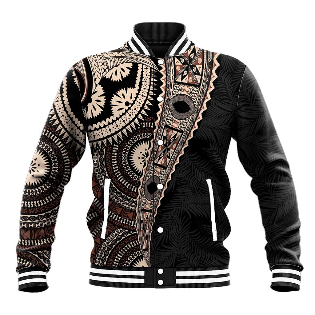 Fiji Traditional Masi Baseball Jacket Tapa Art Palm Leaves Pattern