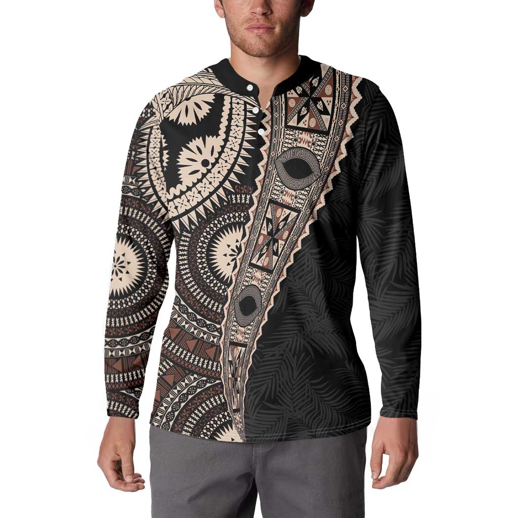 Fiji Traditional Masi Button Sweatshirt Tapa Art Palm Leaves Pattern