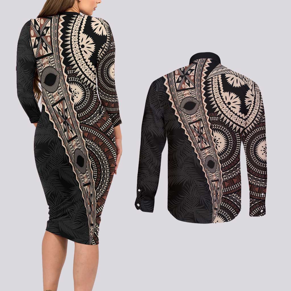 Fiji Traditional Masi Couples Matching Long Sleeve Bodycon Dress and Long Sleeve Button Shirt Tapa Art Palm Leaves Pattern