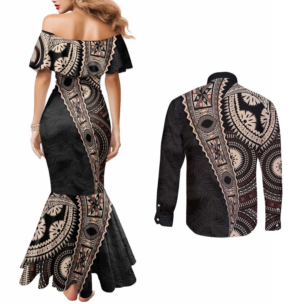 Fiji Traditional Masi Couples Matching Mermaid Dress and Long Sleeve Button Shirt Tapa Art Palm Leaves Pattern