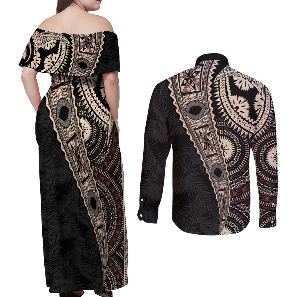 Fiji Traditional Masi Couples Matching Off Shoulder Maxi Dress and Long Sleeve Button Shirt Tapa Art Palm Leaves Pattern
