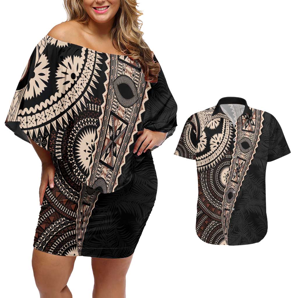 Fiji Traditional Masi Couples Matching Off Shoulder Short Dress and Hawaiian Shirt Tapa Art Palm Leaves Pattern