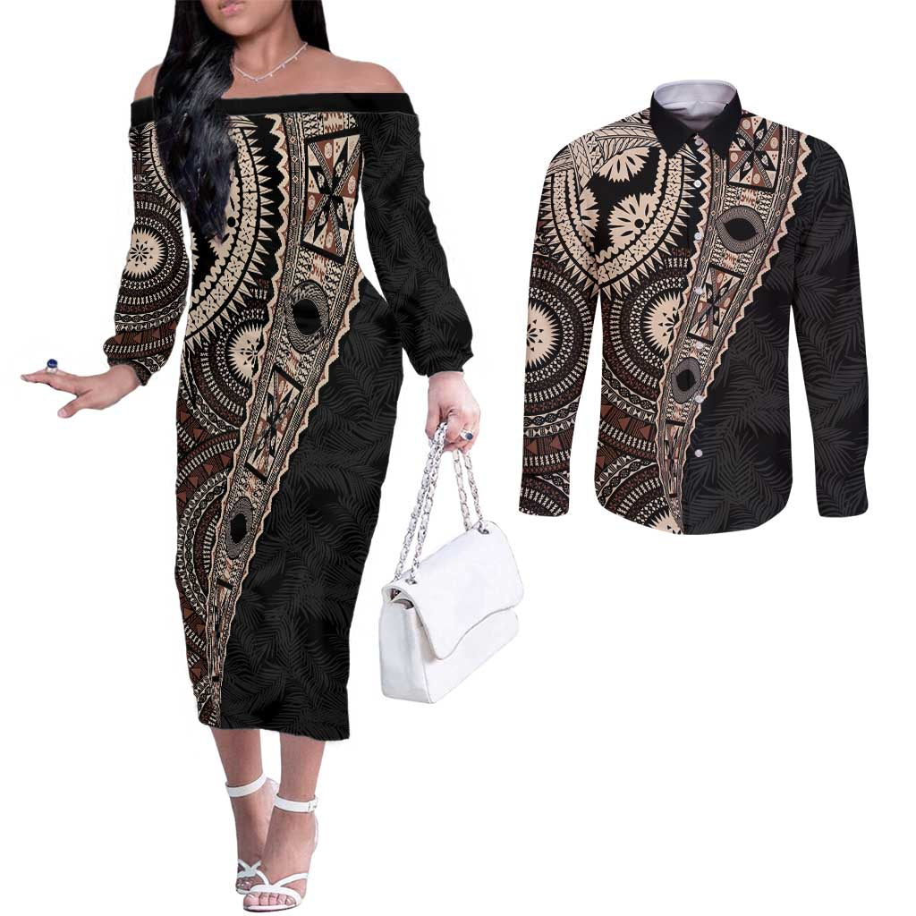 Fiji Traditional Masi Couples Matching Off The Shoulder Long Sleeve Dress and Long Sleeve Button Shirt Tapa Art Palm Leaves Pattern
