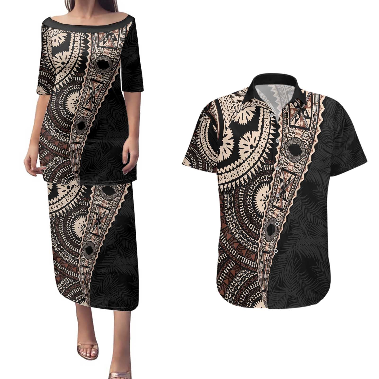 Fiji Traditional Masi Couples Matching Puletasi and Hawaiian Shirt Tapa Art Palm Leaves Pattern