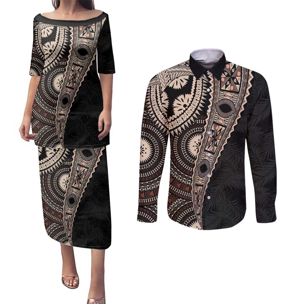 Fiji Traditional Masi Couples Matching Puletasi and Long Sleeve Button Shirt Tapa Art Palm Leaves Pattern