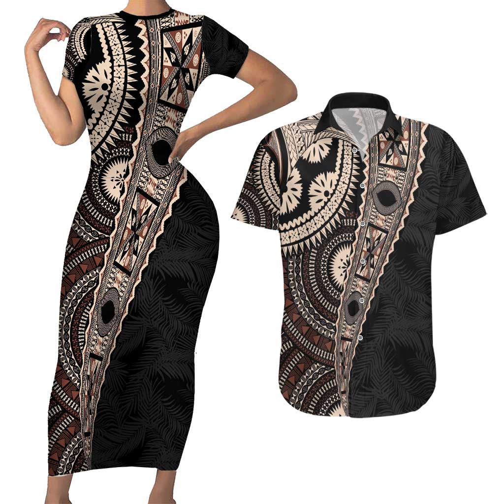 Fiji Traditional Masi Couples Matching Short Sleeve Bodycon Dress and Hawaiian Shirt Tapa Art Palm Leaves Pattern