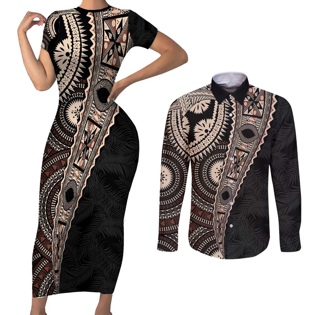 Fiji Traditional Masi Couples Matching Short Sleeve Bodycon Dress and Long Sleeve Button Shirt Tapa Art Palm Leaves Pattern