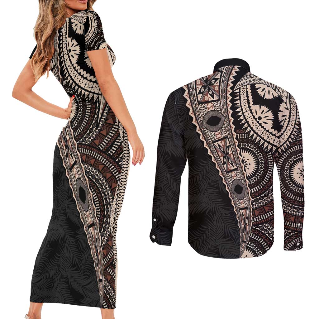 Fiji Traditional Masi Couples Matching Short Sleeve Bodycon Dress and Long Sleeve Button Shirt Tapa Art Palm Leaves Pattern
