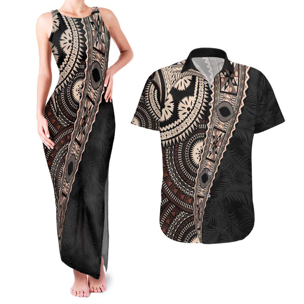 Fiji Traditional Masi Couples Matching Tank Maxi Dress and Hawaiian Shirt Tapa Art Palm Leaves Pattern