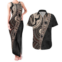 Fiji Traditional Masi Couples Matching Tank Maxi Dress and Hawaiian Shirt Tapa Art Palm Leaves Pattern