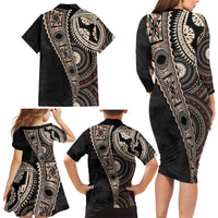 Fiji Traditional Masi Family Matching Long Sleeve Bodycon Dress and Hawaiian Shirt Tapa Art Palm Leaves Pattern