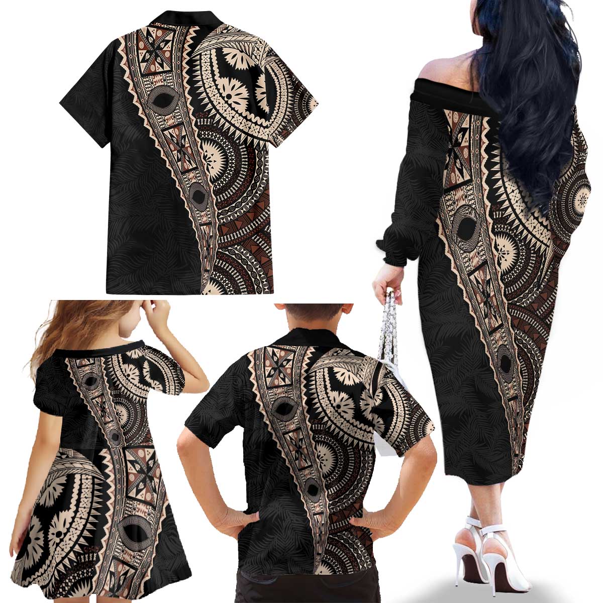 Fiji Traditional Masi Family Matching Off The Shoulder Long Sleeve Dress and Hawaiian Shirt Tapa Art Palm Leaves Pattern