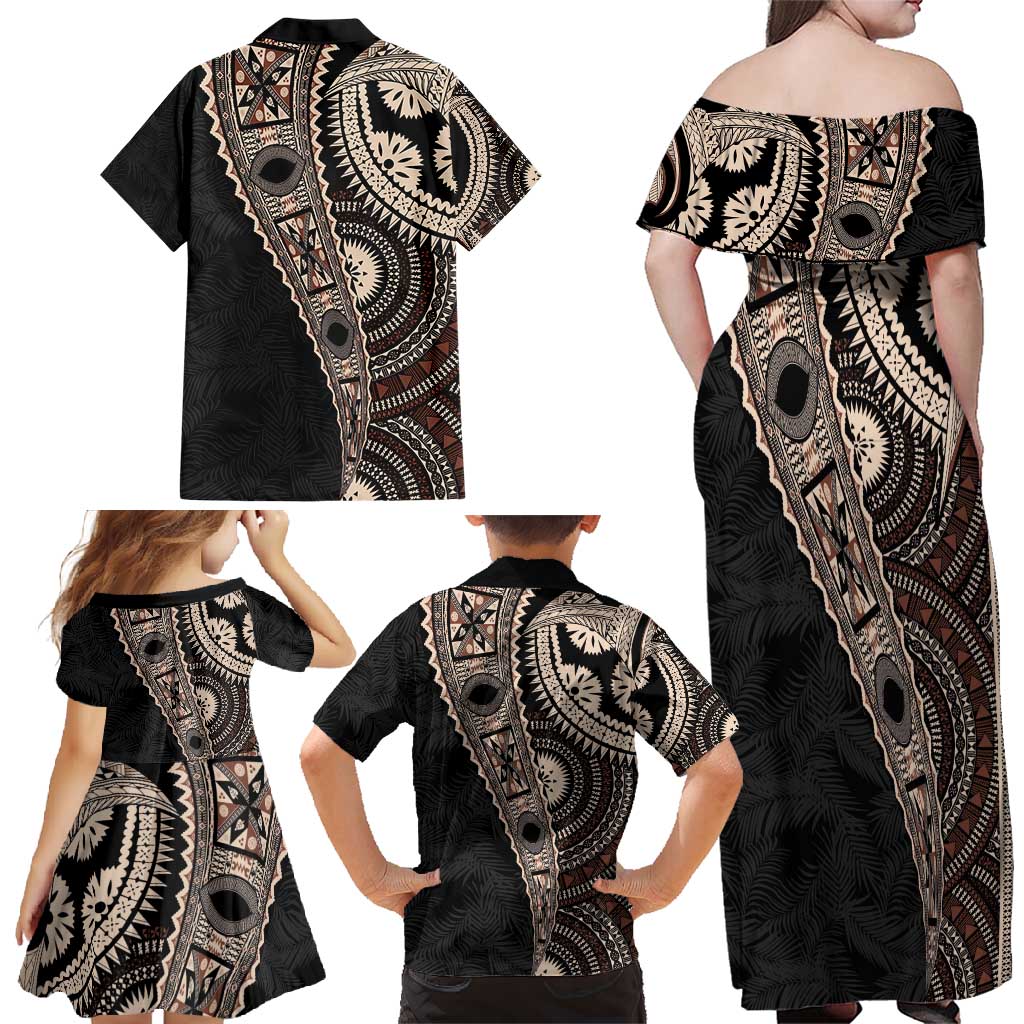 Fiji Traditional Masi Family Matching Off Shoulder Maxi Dress and Hawaiian Shirt Tapa Art Palm Leaves Pattern