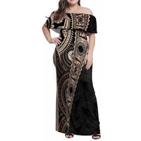 Fiji Traditional Masi Family Matching Off Shoulder Maxi Dress and Hawaiian Shirt Tapa Art Palm Leaves Pattern
