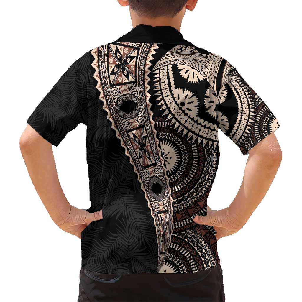 Fiji Traditional Masi Family Matching Off Shoulder Short Dress and Hawaiian Shirt Tapa Art Palm Leaves Pattern