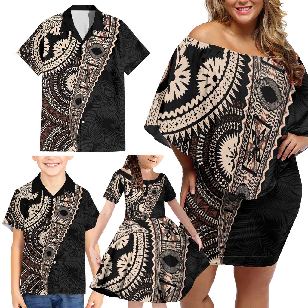 Fiji Traditional Masi Family Matching Off Shoulder Short Dress and Hawaiian Shirt Tapa Art Palm Leaves Pattern