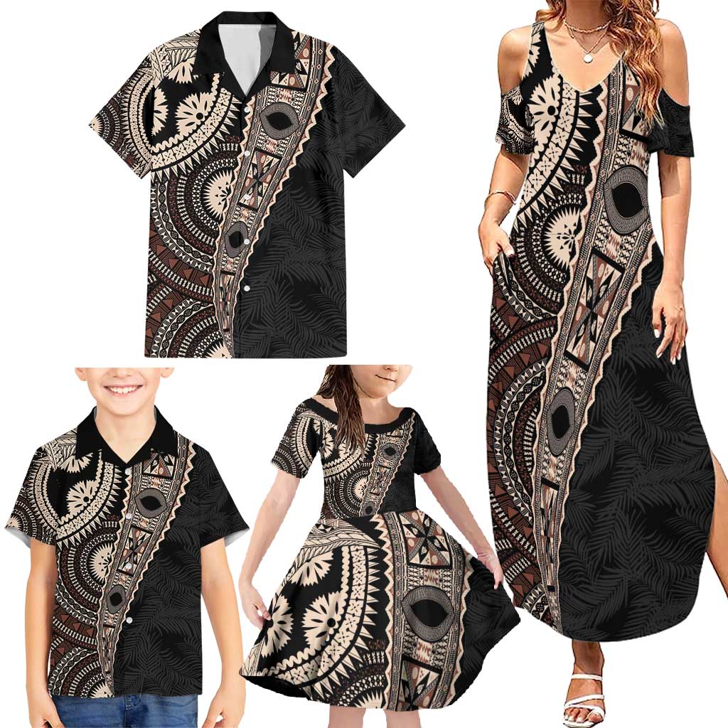 Fiji Traditional Masi Family Matching Summer Maxi Dress and Hawaiian Shirt Tapa Art Palm Leaves Pattern