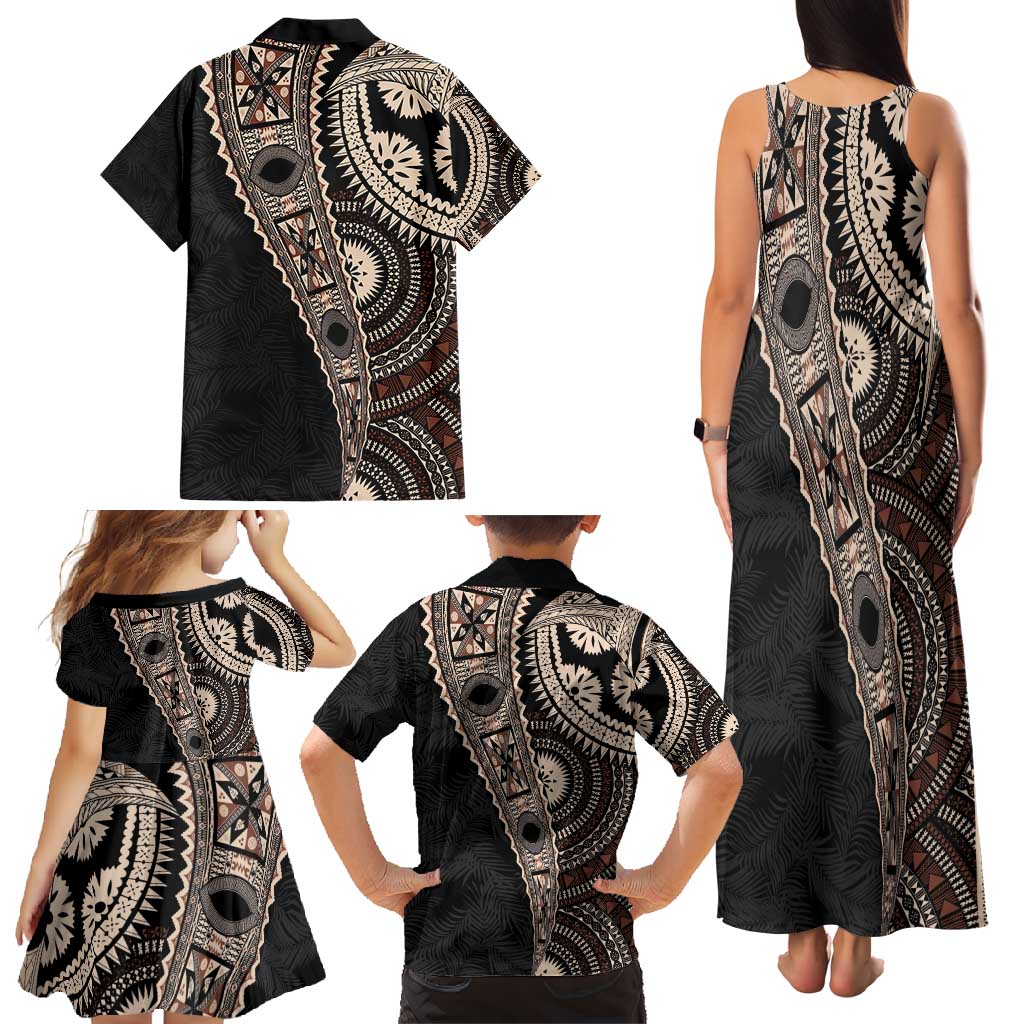 Fiji Traditional Masi Family Matching Tank Maxi Dress and Hawaiian Shirt Tapa Art Palm Leaves Pattern
