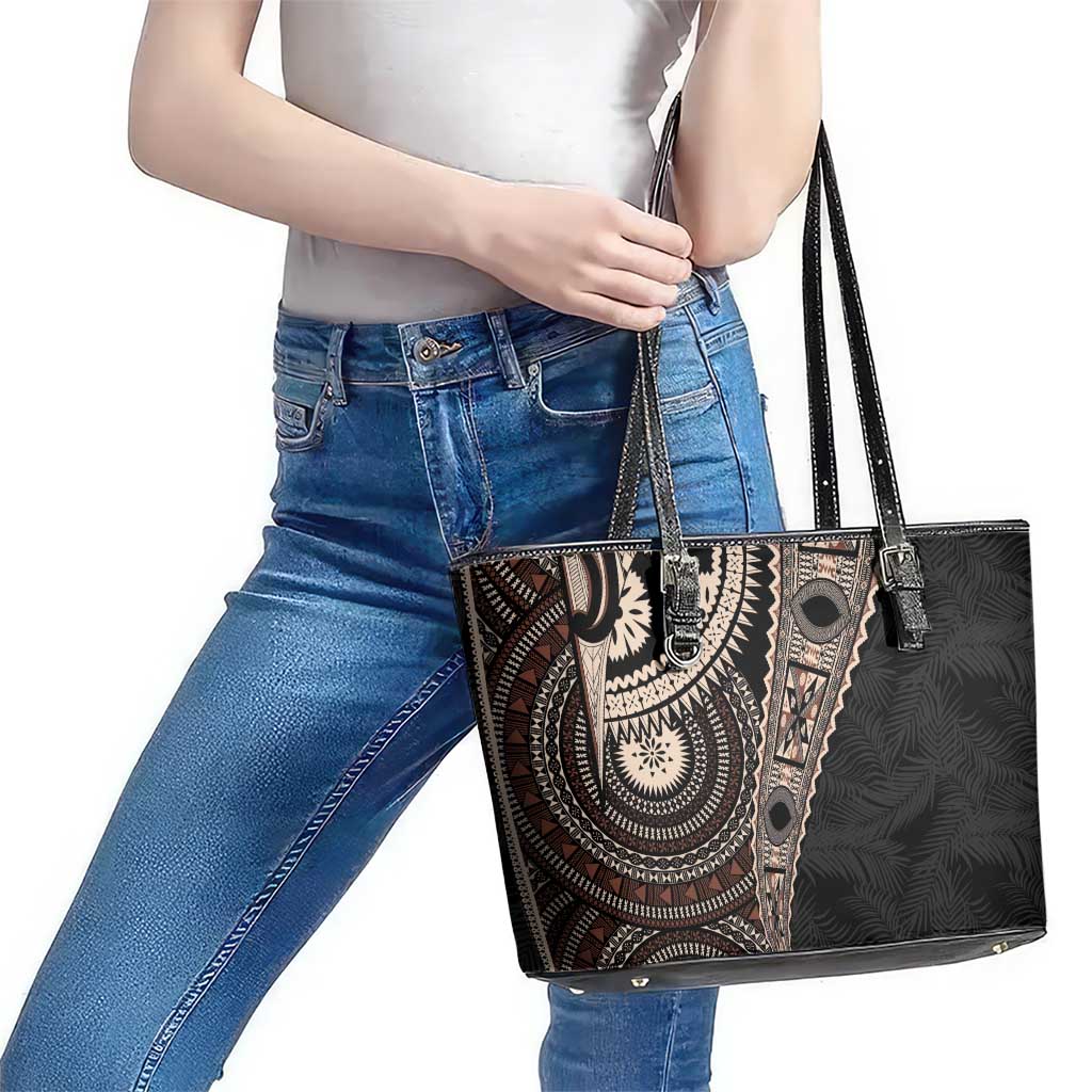 Fiji Traditional Masi Leather Tote Bag Tapa Art Palm Leaves Pattern