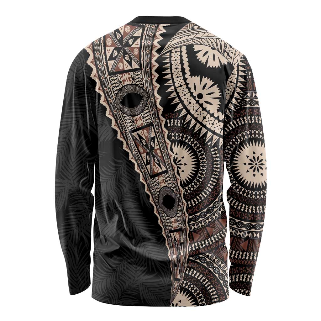 Fiji Traditional Masi Long Sleeve Shirt Tapa Art Palm Leaves Pattern