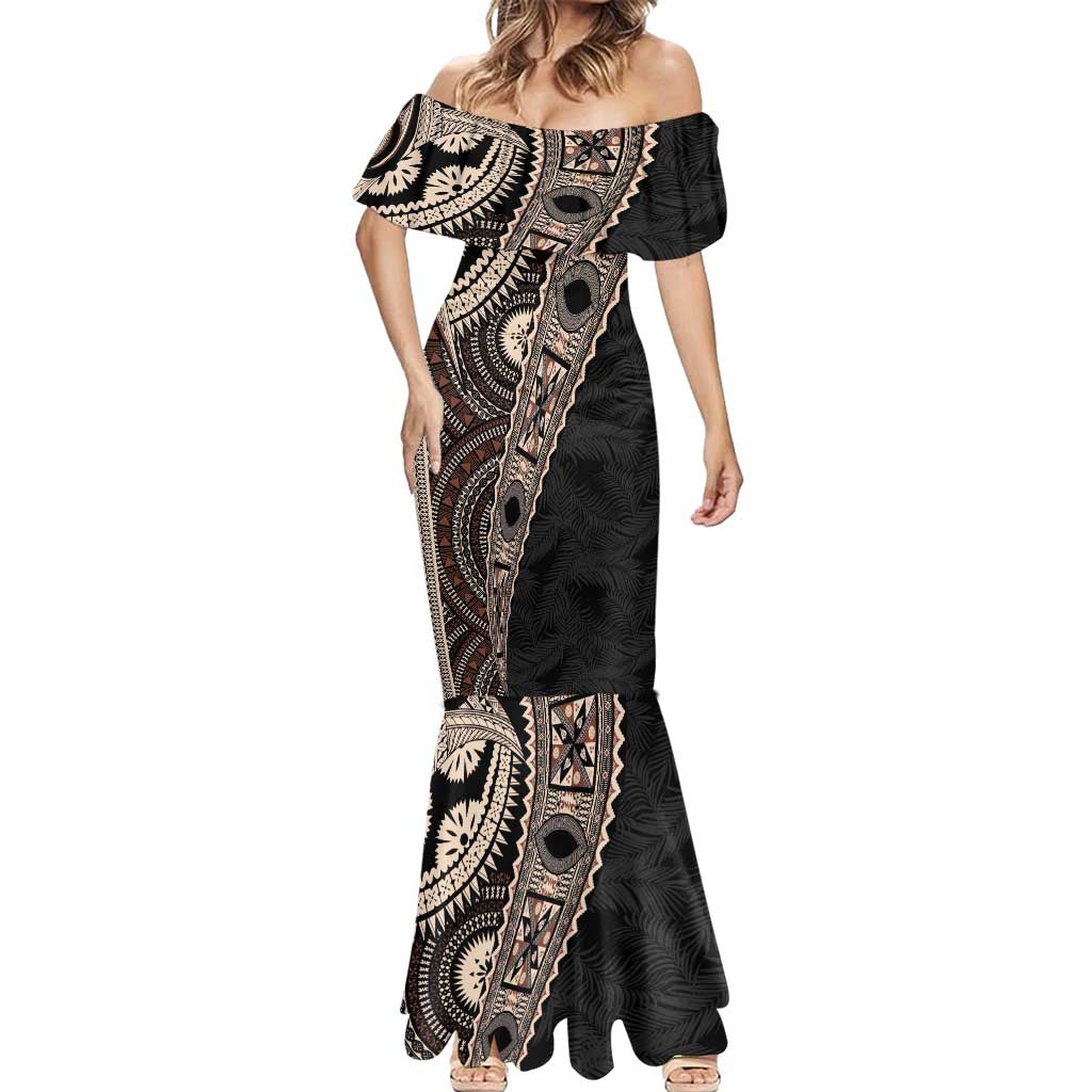 Fiji Traditional Masi Mermaid Dress Tapa Art Palm Leaves Pattern