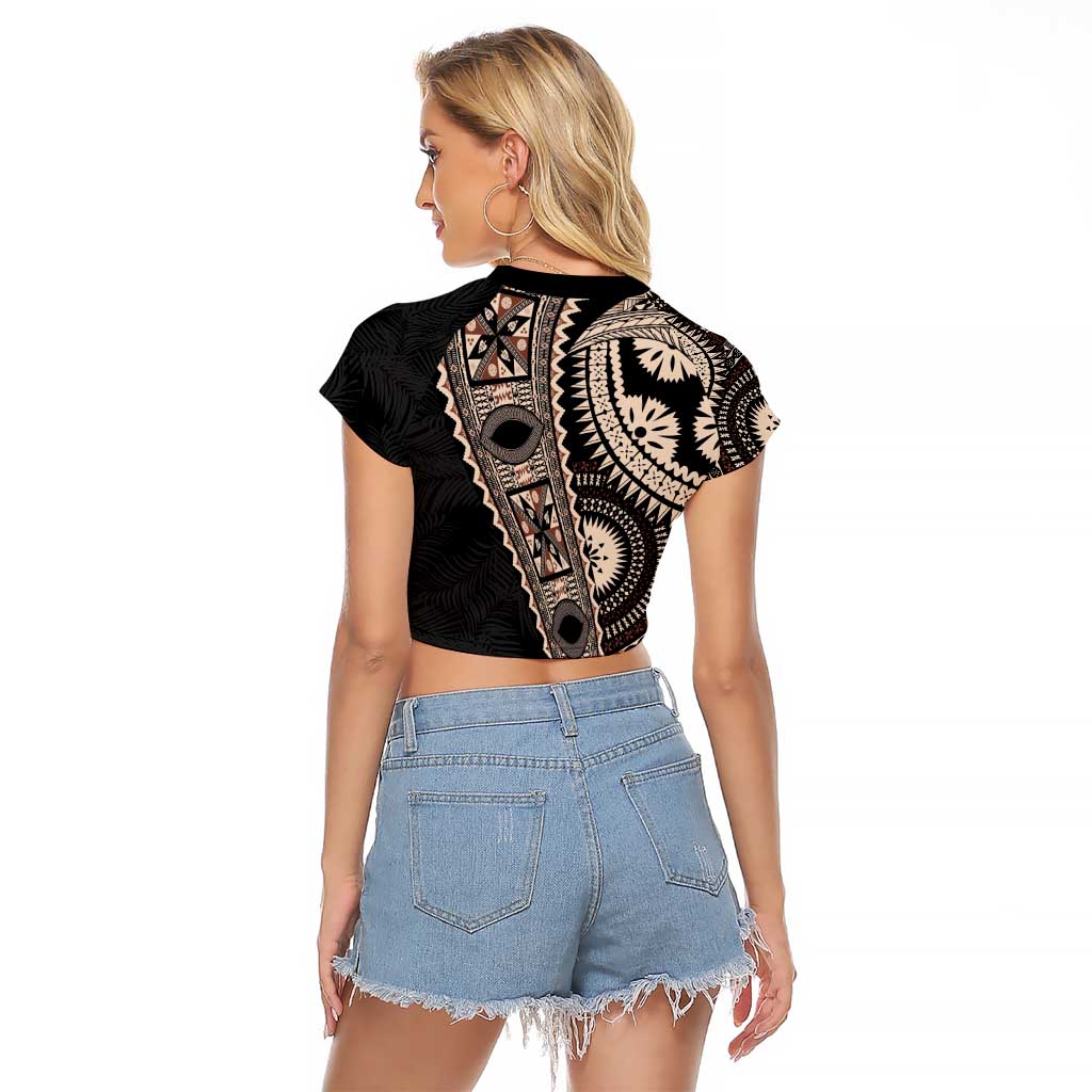 Fiji Traditional Masi Raglan Cropped T Shirt Tapa Art Palm Leaves Pattern