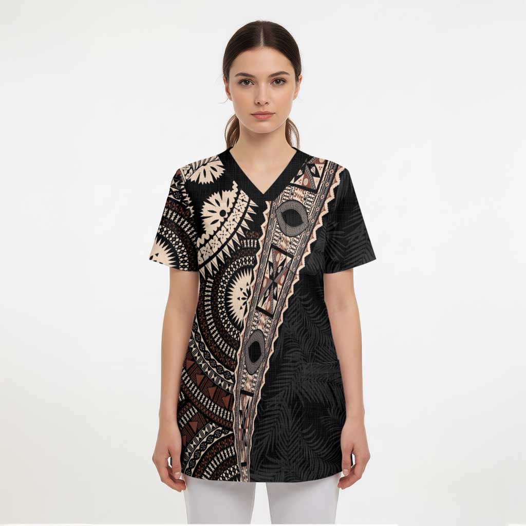 Fiji Traditional Masi Scrub Top Tapa Art Palm Leaves Pattern - Polynesian Pride