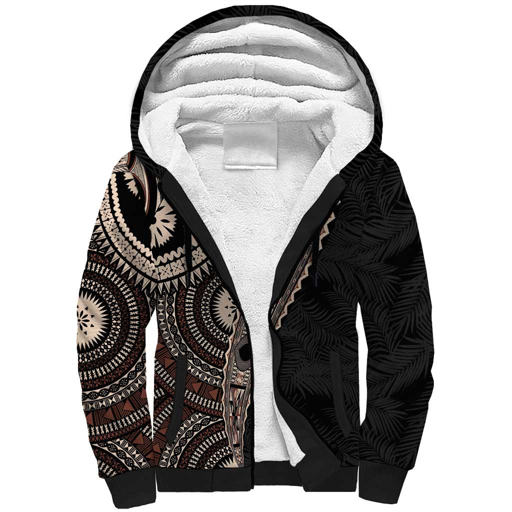 Fiji Traditional Masi Sherpa Hoodie Tapa Art Palm Leaves Pattern