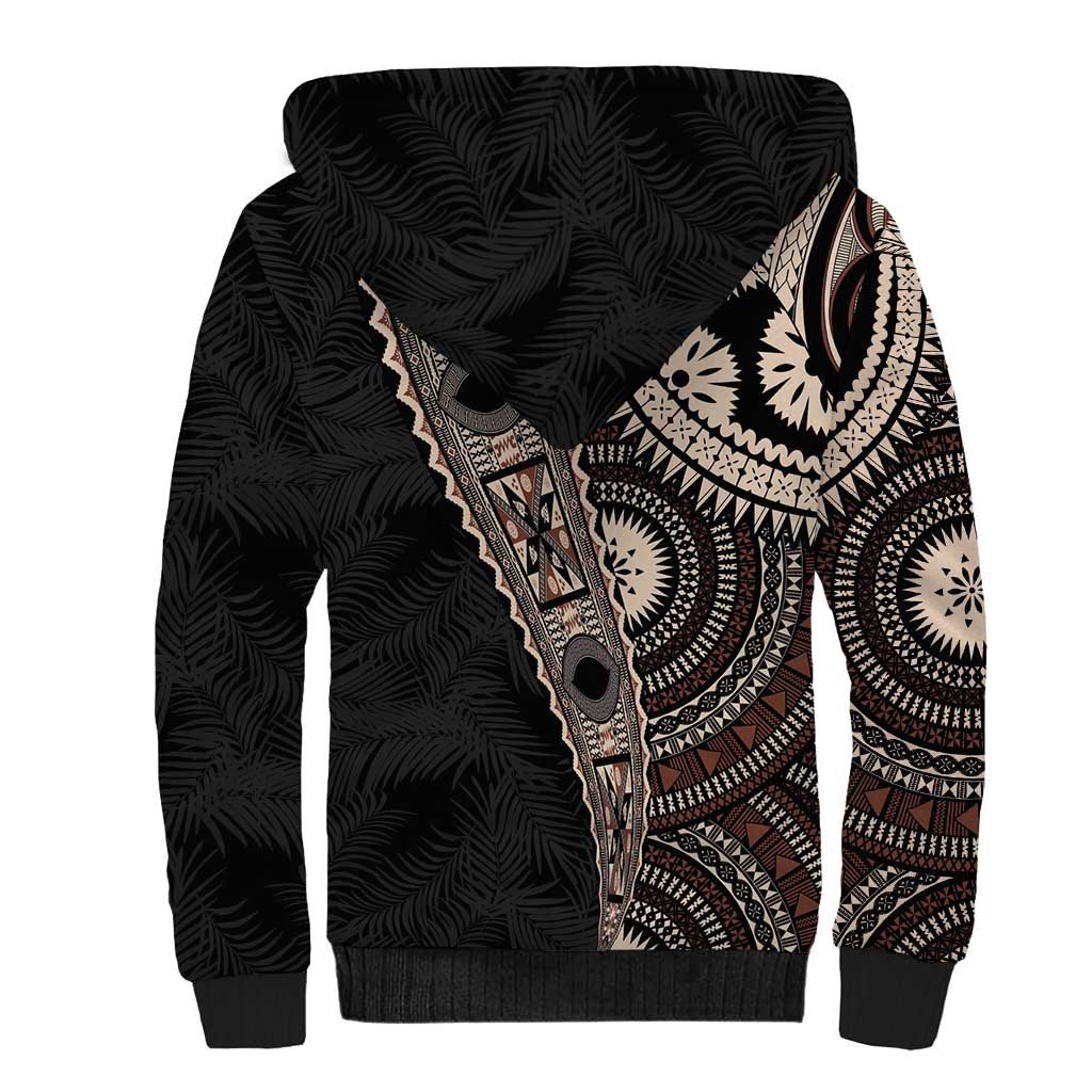 Fiji Traditional Masi Sherpa Hoodie Tapa Art Palm Leaves Pattern